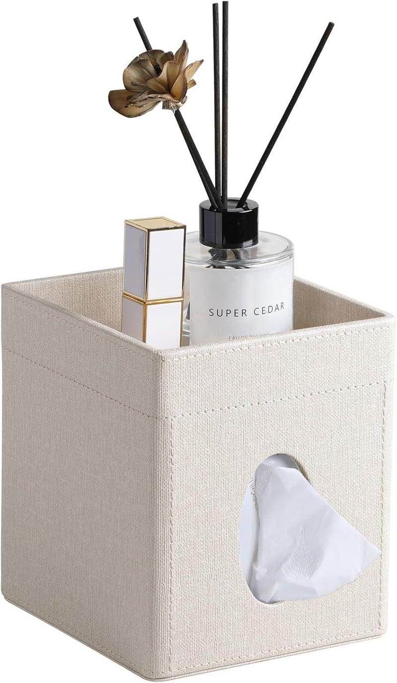 Cretkhp Tissue Box Cover, PU Leather Square Tissue Box Holder with Storage Tray for Bathroom Vanity Countertop Night Stands Bedroom Office Desk, Stylish Tissue Holder Decorative Organizer (Linen) - Image 1